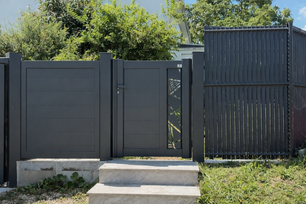 Portail moderne et escaliers en béton