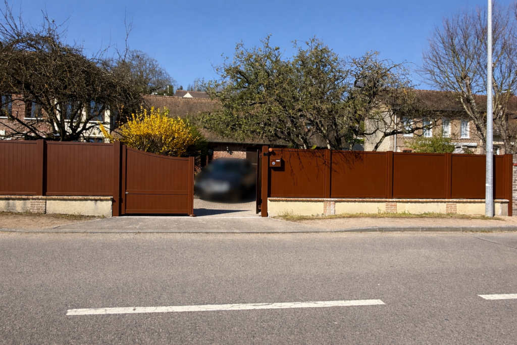 Portail ouvert sur allée gravillonnée